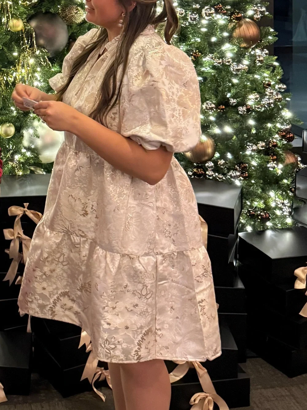 Women's Ivory Brocade Short Sleeve Tiered Dress